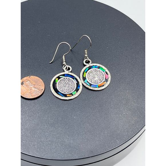 Sterling silver stamped 925 Inlaid Multicolor Dangle Earrings - Picture 7 of 8